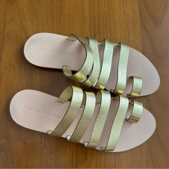 Loeffler Randall Gold Leather Strappy Flat Sandals - Picture 2 of 5
